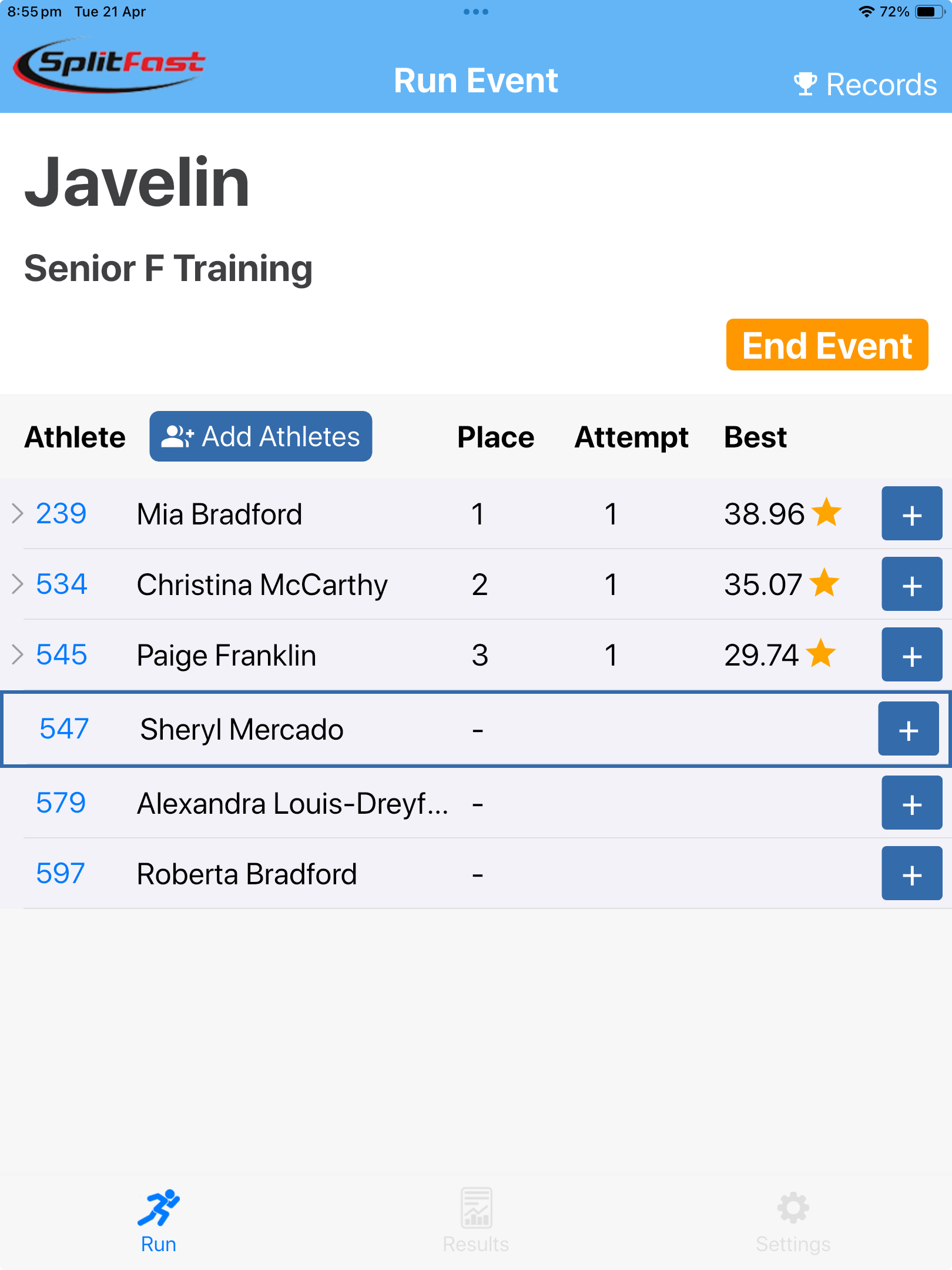 SplitFast Field Events App live Javelin event showing real-time rankings with best distances for each athlete